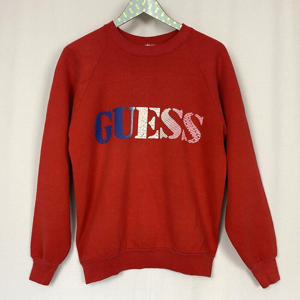Vintage Guess Sweatshirt Mens Large Puff Paint Spellout Logo Red 80s 90s USA